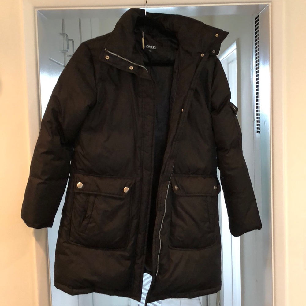DKNY Puffer Coat - Black, Faux Fur Hood, Medium